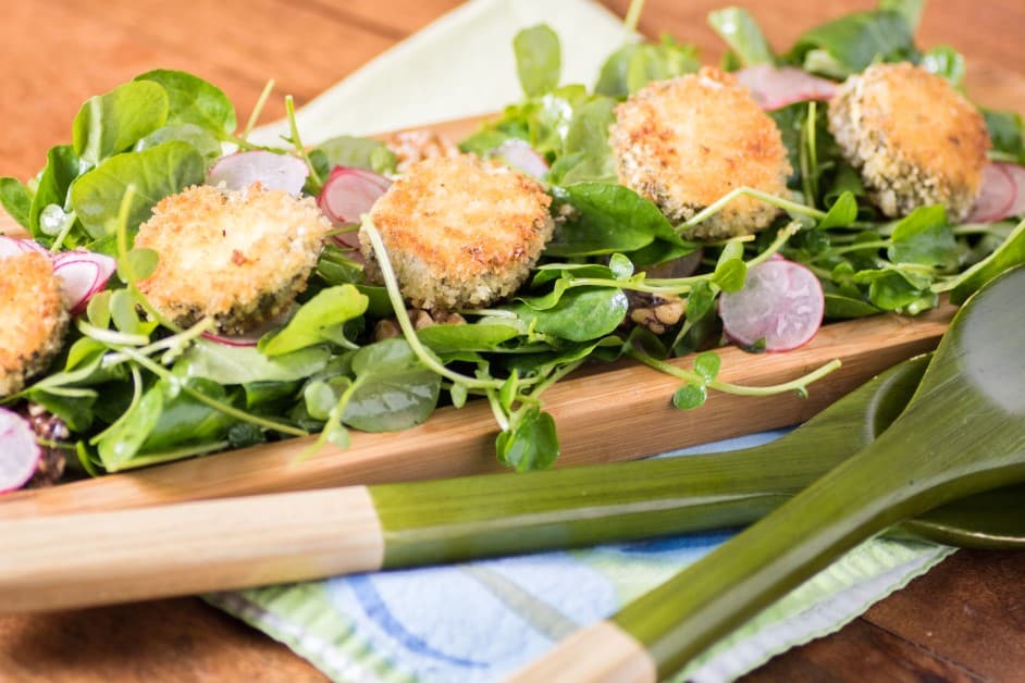 Watercress Radish Walnut Salad with Crispy Herbed Goat Cheese Rounds