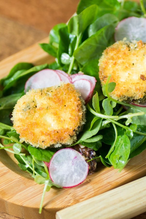 Watercress Radish Walnut Salad with Crispy Herbed Goat Cheese Rounds