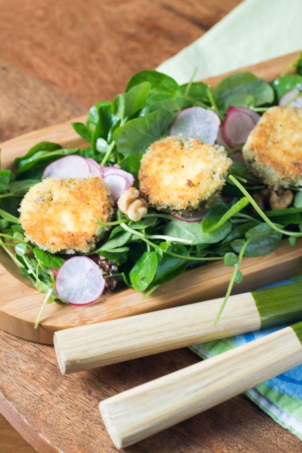 Watercress Radish Walnut Salad with Crispy Herbed Goat Cheese Rounds