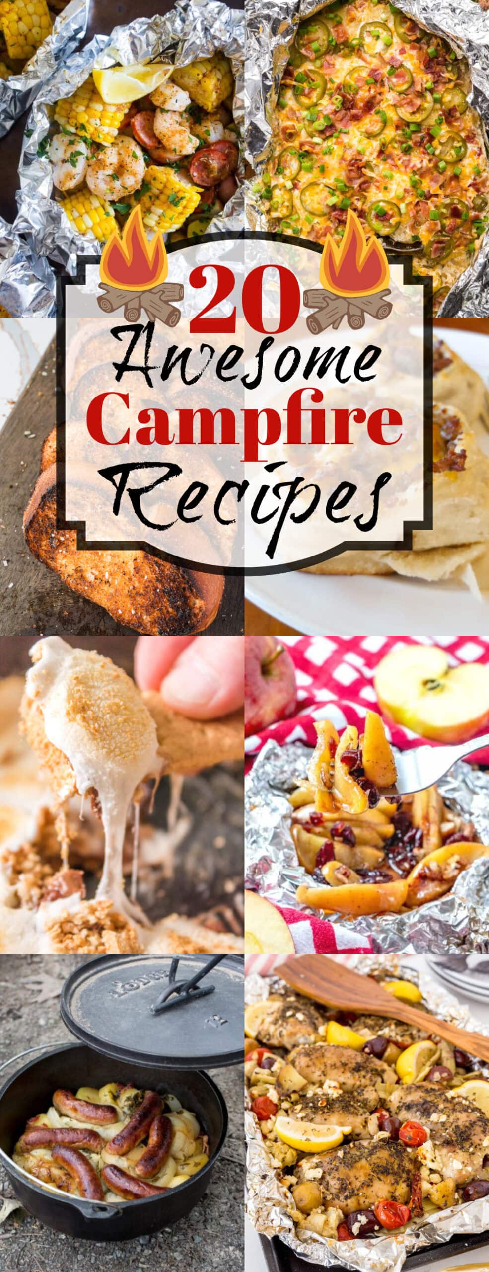 Are you enjoying the great outdoors this summer and wondering what to eat? Try some of these 20 Awesome Campfire Recipes!! Collage of 20 Awesome Campfire Recipes.