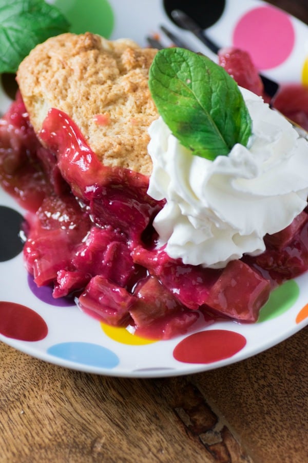 Rhubarb Strawberry Cobbler on a plate