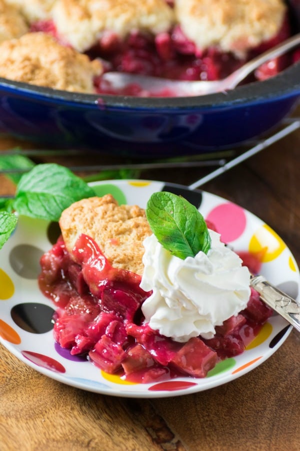 Rhubarb Strawberry Cobbler on a plate with whipped cream and a mint leaf