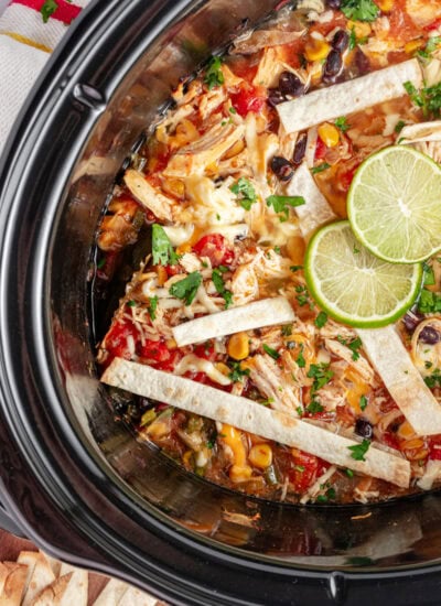 Overhead shot of crock pot tortilla soup still in the machine.