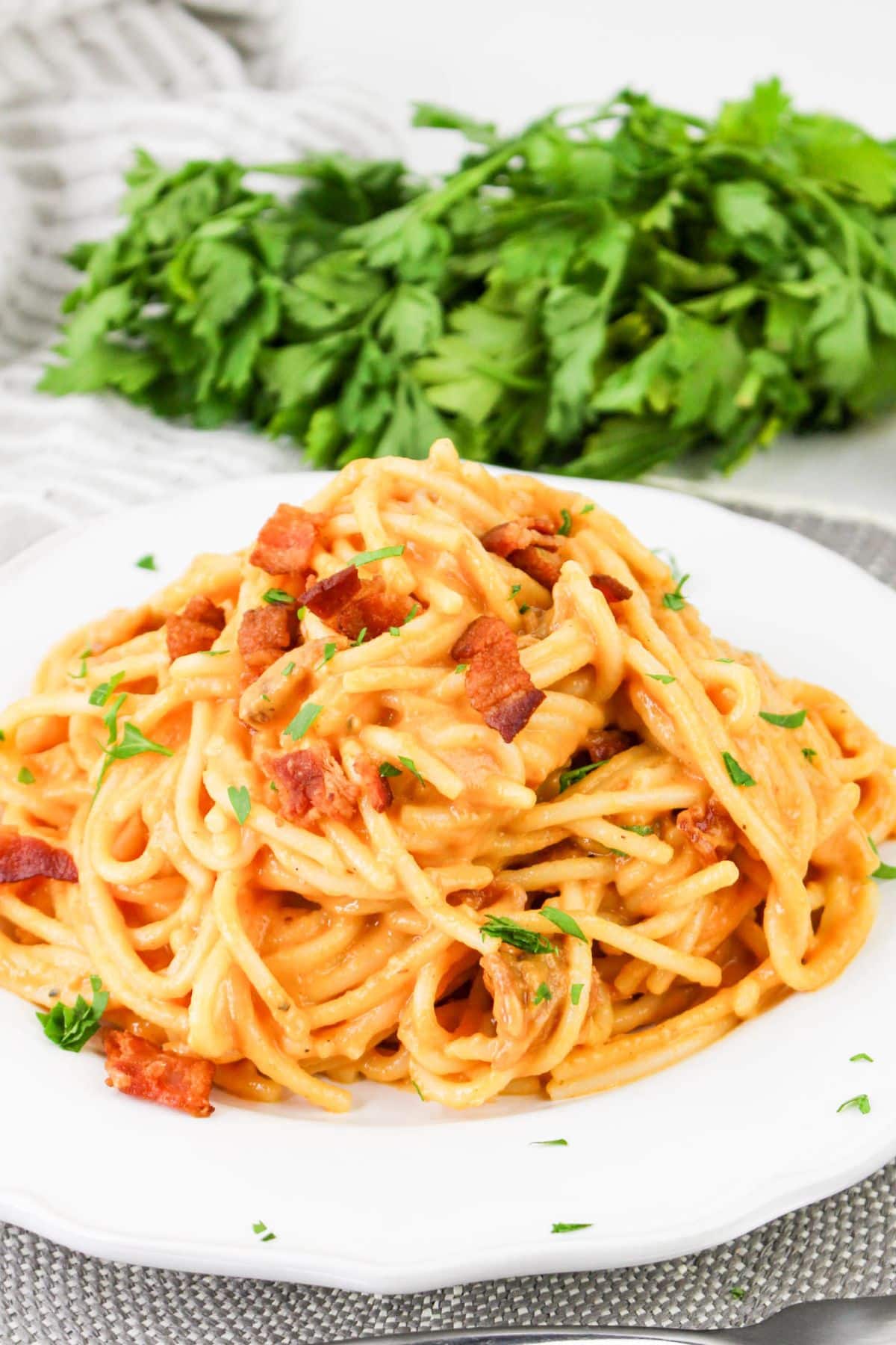 Plate full of pumpkin carbonara.