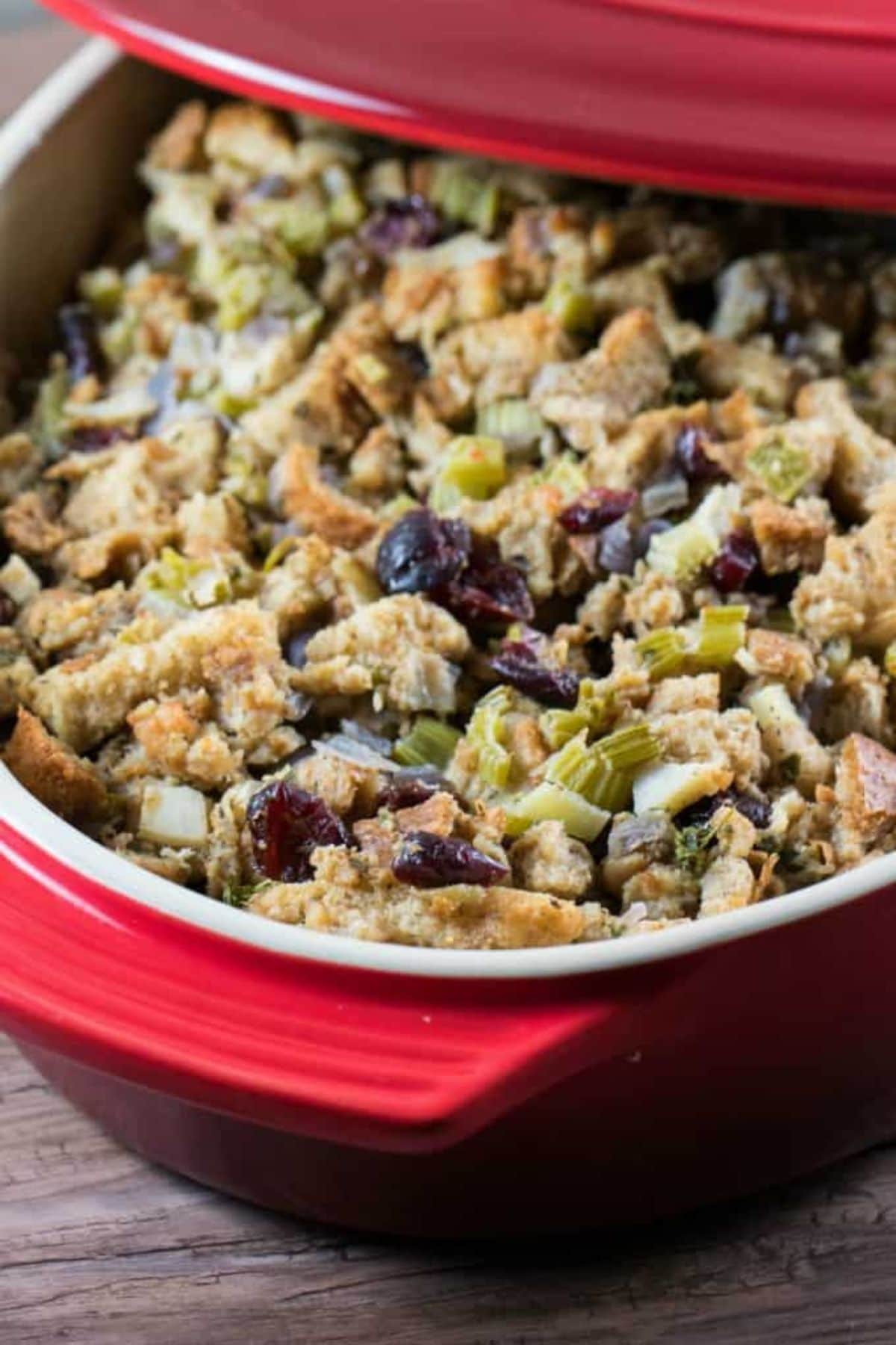 Dutch oven full of homemade stuffing ready to serve. 