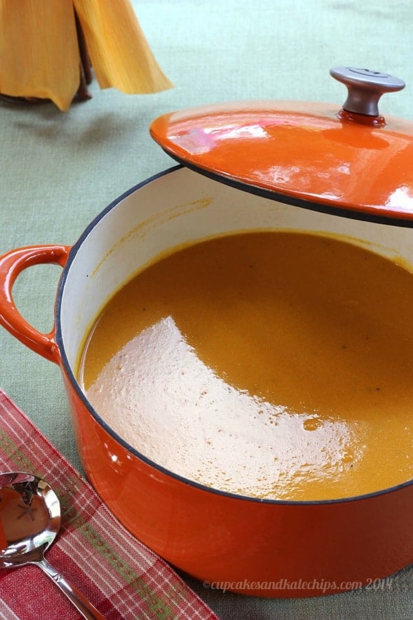 Apple Cider and Cheddar Cheese Butternut Squash Soup in a orange pot