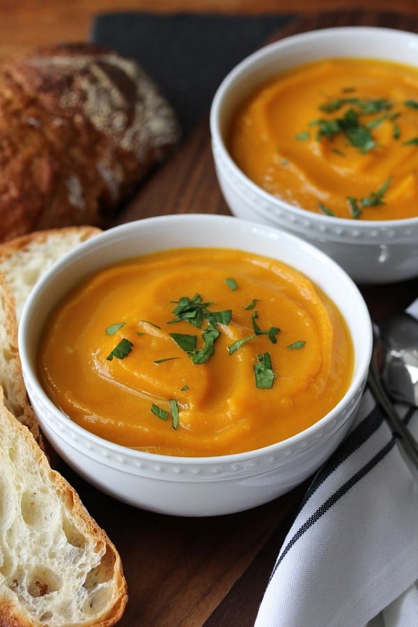 Butternut Squash and Ginger Soup in white bowls