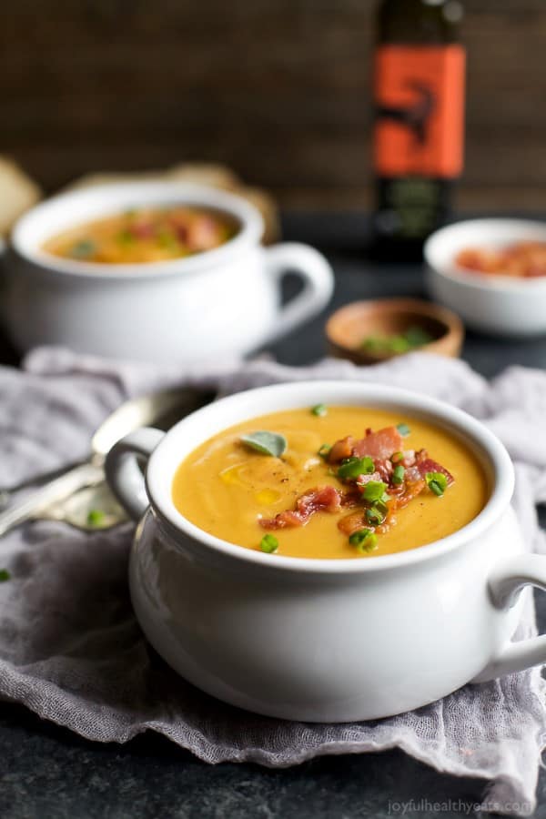 Bacon Roasted Butternut Squash soup in white bowl