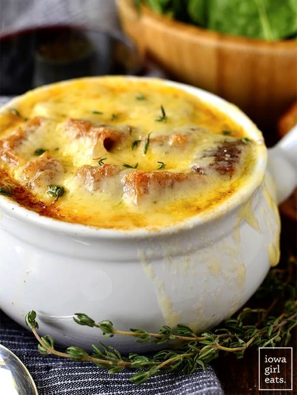 French Onion Soup in a white bowl