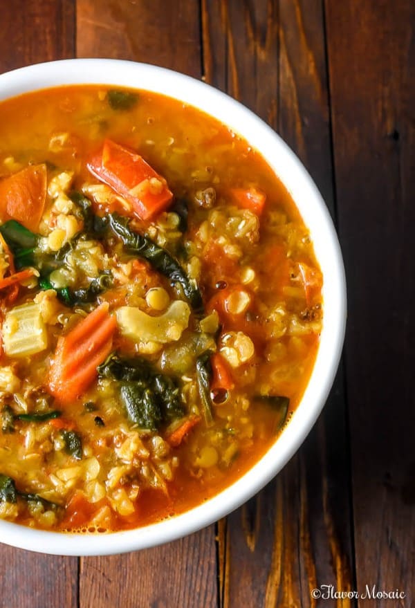 Lentil Soup with Mexican Chorizo in a white bowl