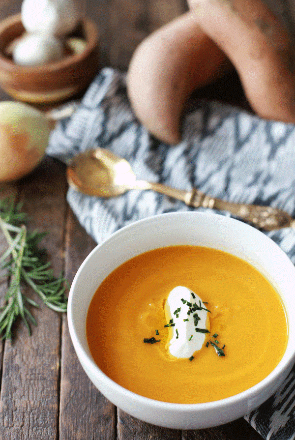 Sweet Potato Soup in a white bowl