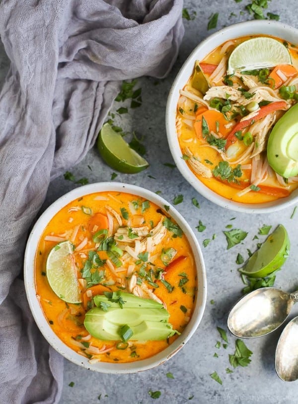 Thai Chicken Noodle Soup in white bowls