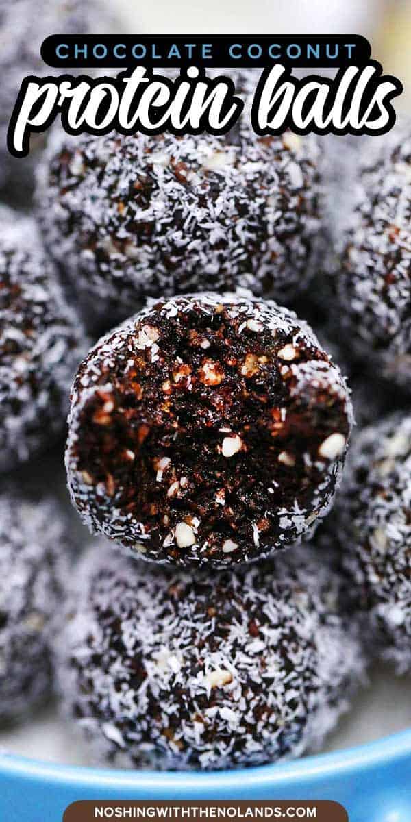 Chocolate Coconut Protein Balls are delicious healthy snacking that are made easily in a food processor! #proteinballs #chocolate #coconut
