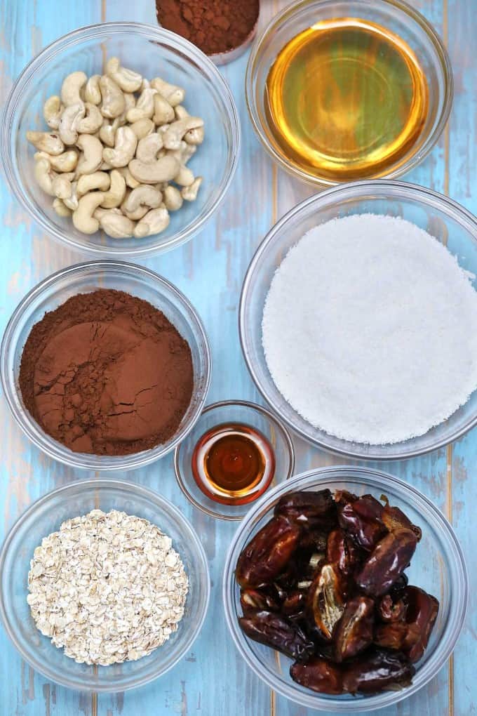 Overhead of protein balls ingredients in bowls