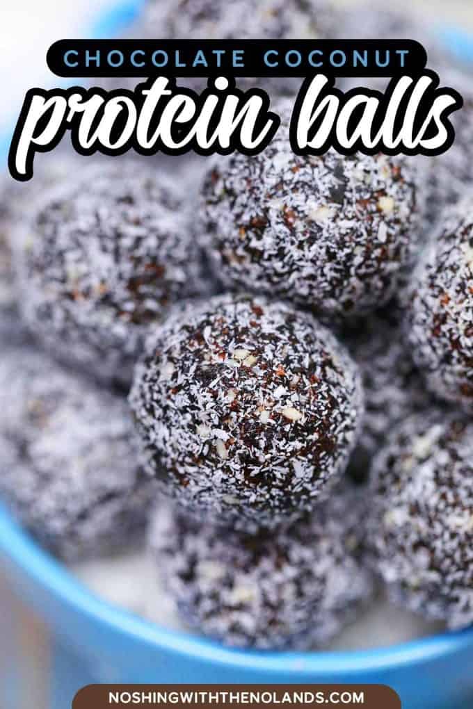 Chocolate Coconut Protein Balls are delicious healthy snacking that are made easily in a food processor! #proteinballs #chocolate #coconut
