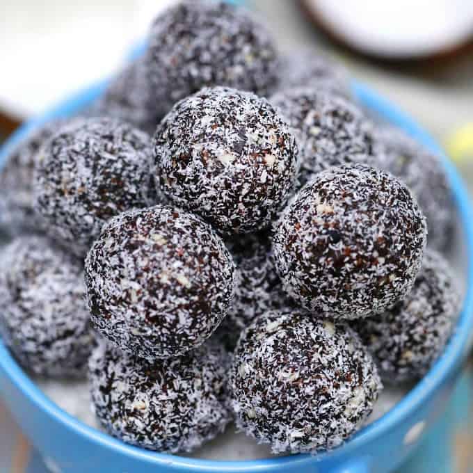 Chocolate Coconut Protein Balls in a bowl