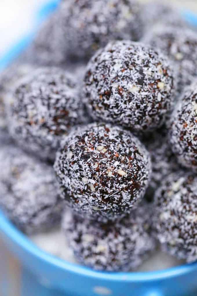 Close up of Chocolate Coconut Protein Balls