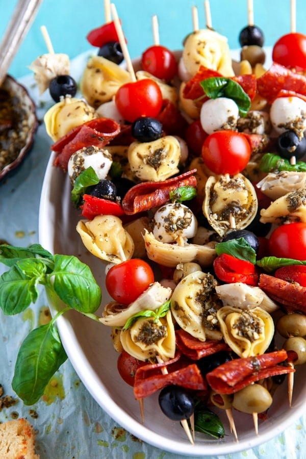 Appetizer Tortellini Skewers in a dish. 