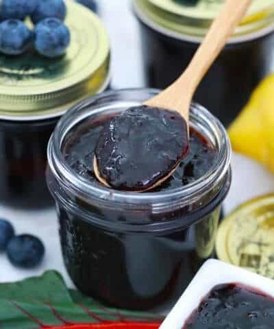 Ladling out Blueberry Rhubarb Jam