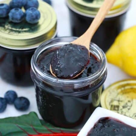 Ladling out Blueberry Rhubarb Jam