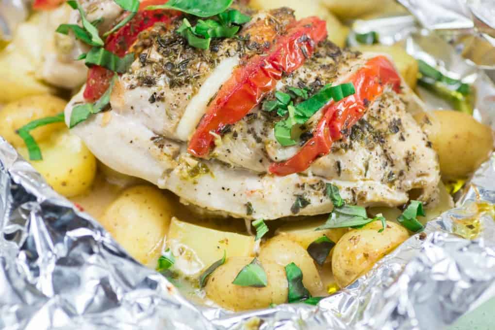 Grilled Caprese Chicken Little Potato Foil Packs