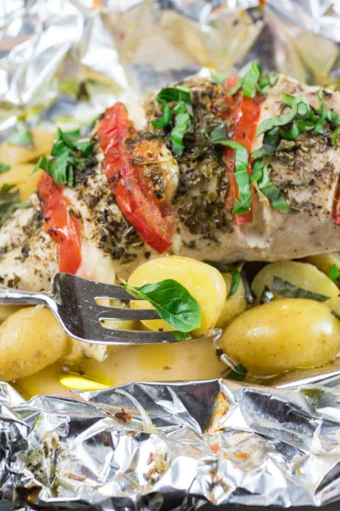 Grilled Caprese Chicken Little Potato Foil Packs