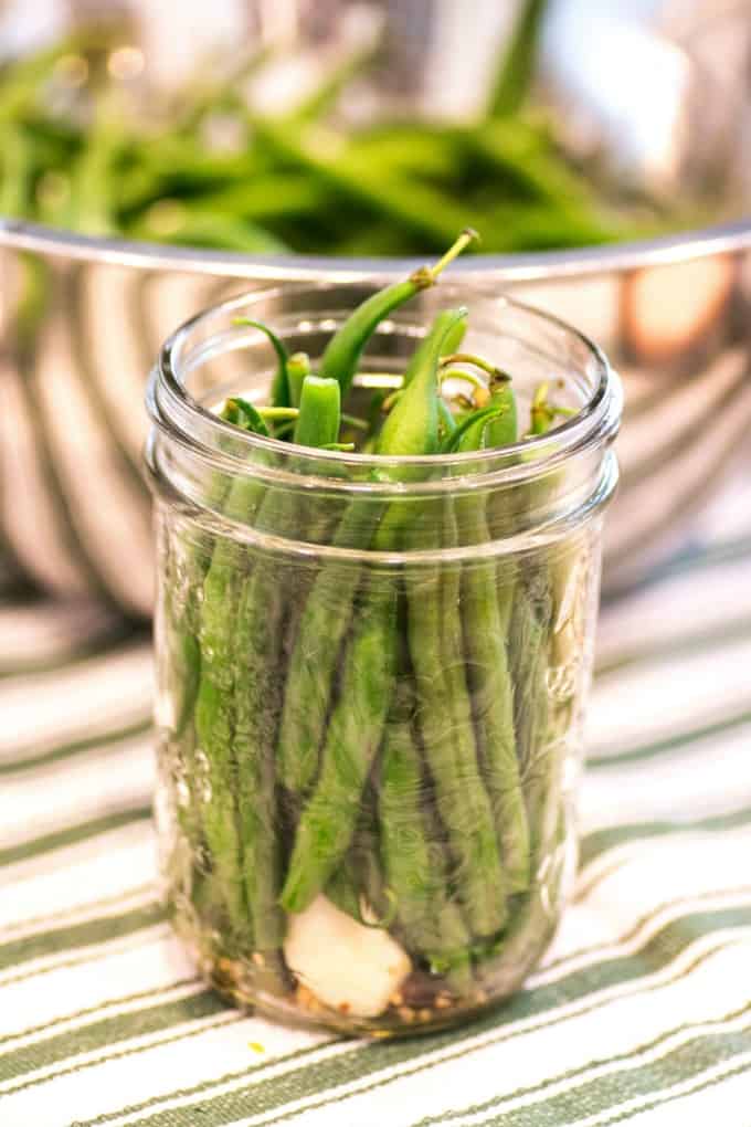 Fresh Green Beans in a Pint Jar ready to be pickled. 
