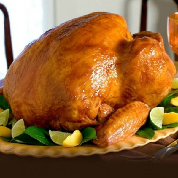 Whole roast turkey on a platter 