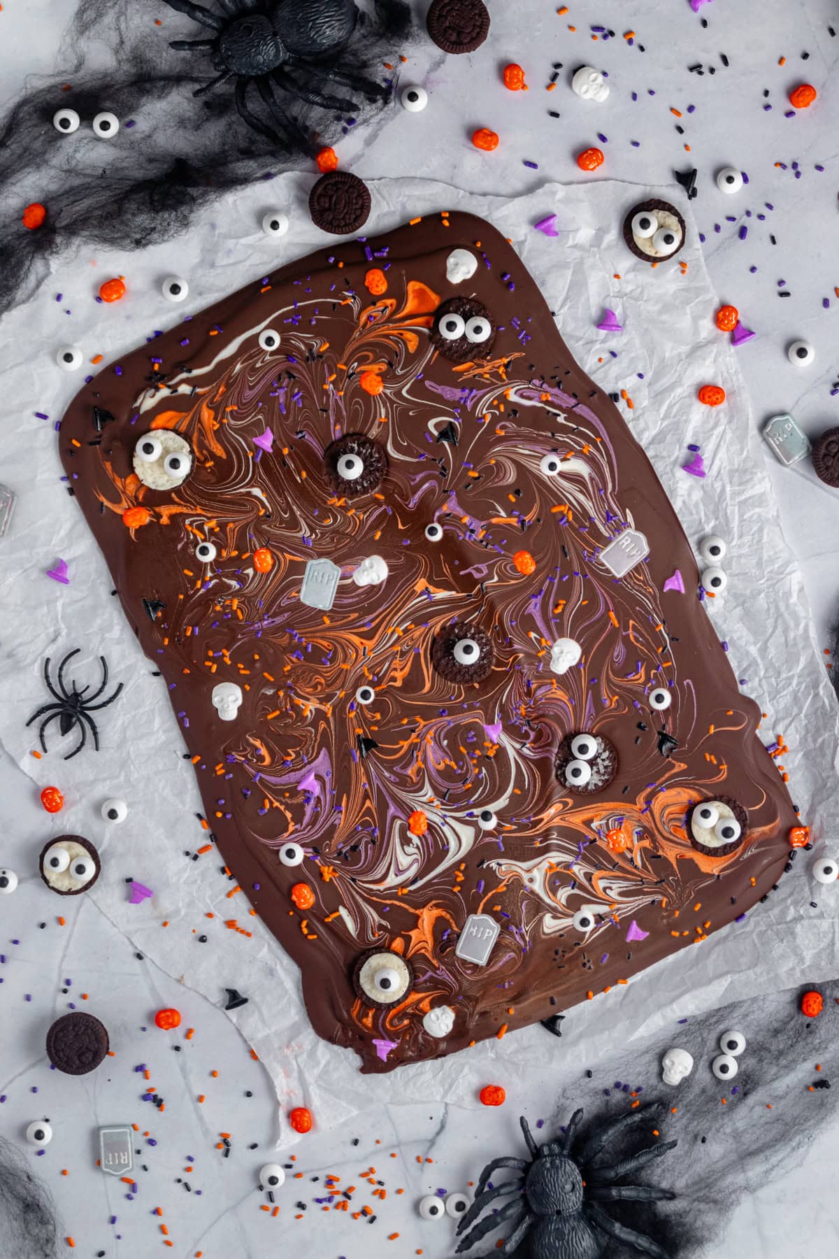 Halloween chocolate bark set and ready to serve.