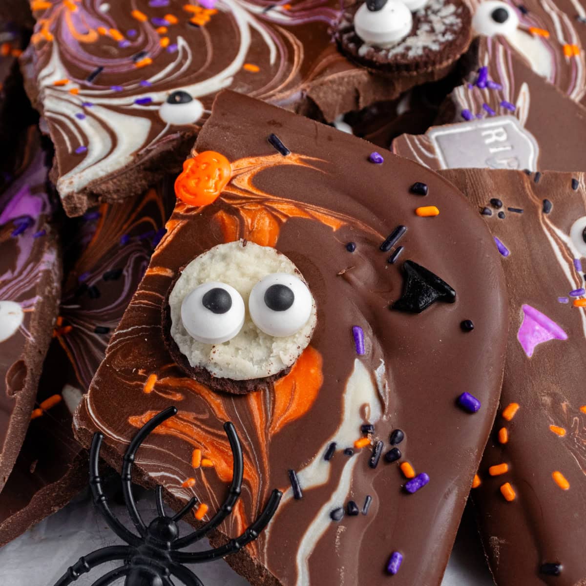 Square photo of chunks of Halloween Bark close-up. 