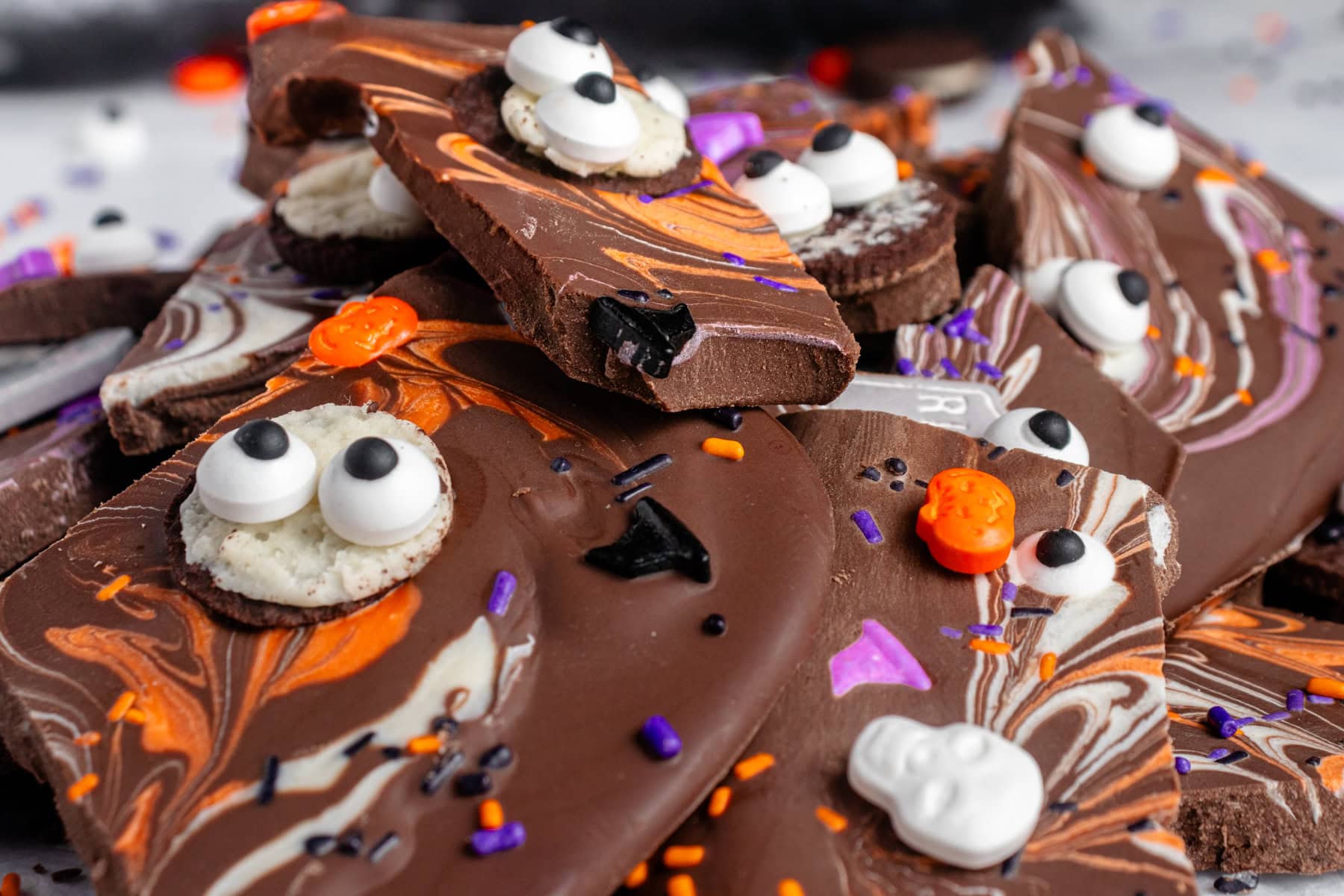 A pile of Halloween Bark broken into pieces. 