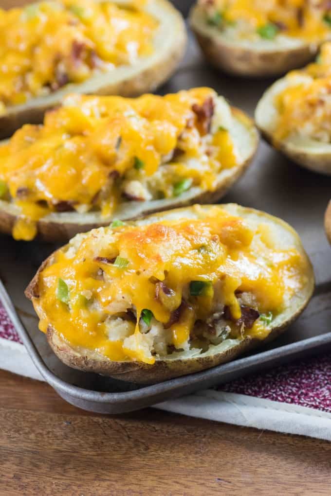 Stuffed Baked Potatoes on a cookie sheet