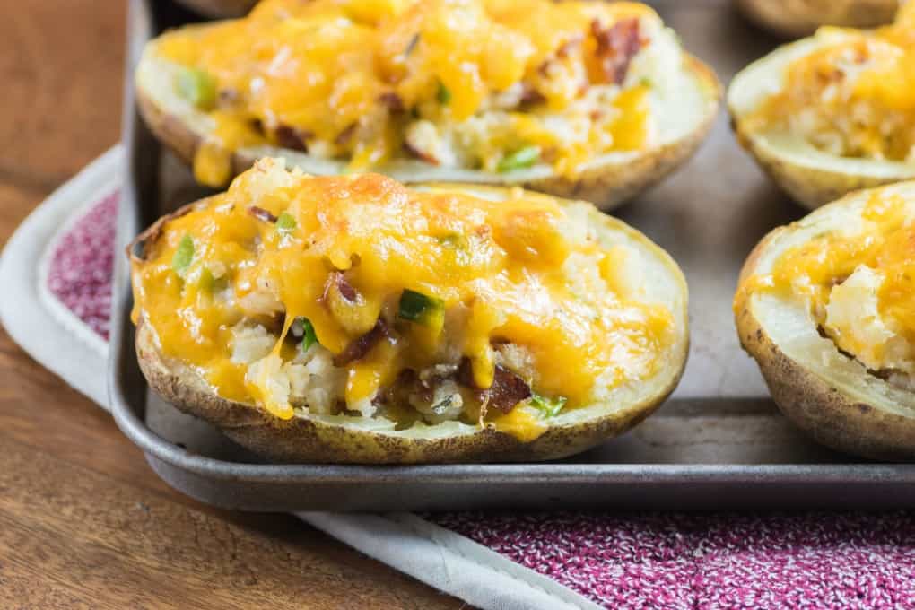 Stuffed Baked Potatoes on a baking sheet