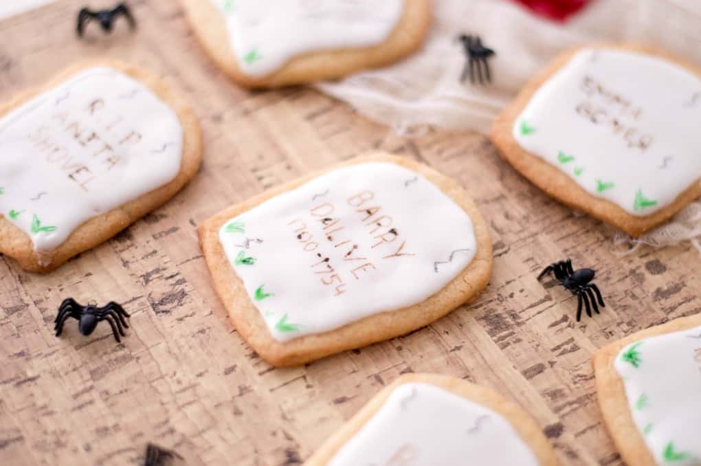 Tombstone cookies with spiders