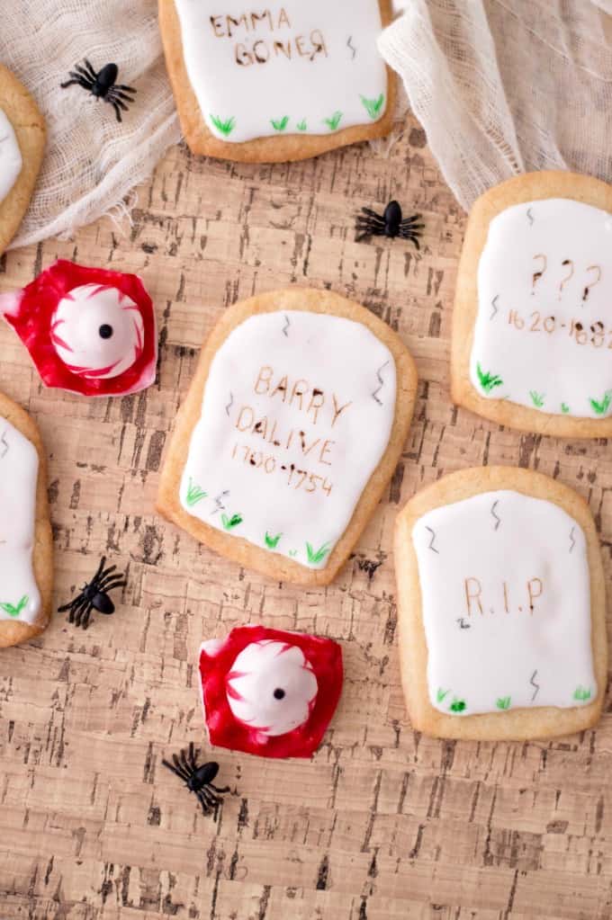 Tombstone cookies with spiders and eyeballs