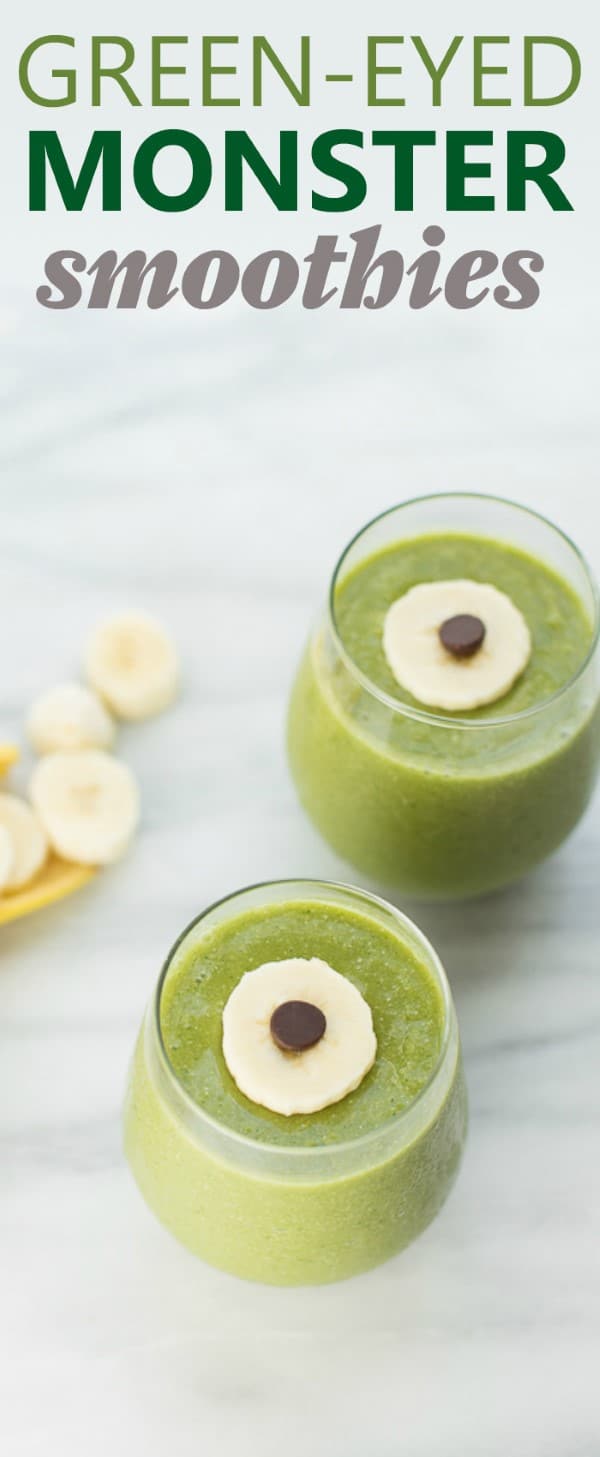 Green smoothies with banana chocolate chip eyeballs