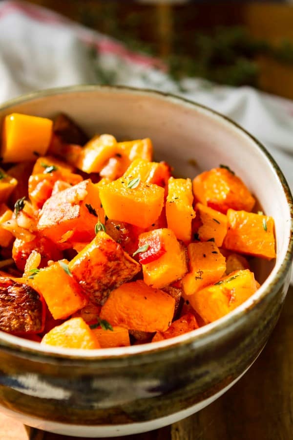 Roasted squash and bacon in a bowl