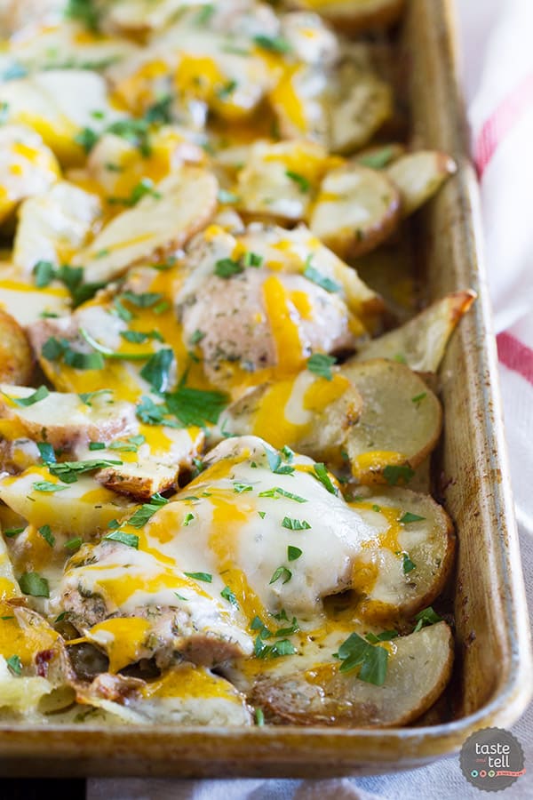 Cheesy chicken and potatoes on a sheet pan