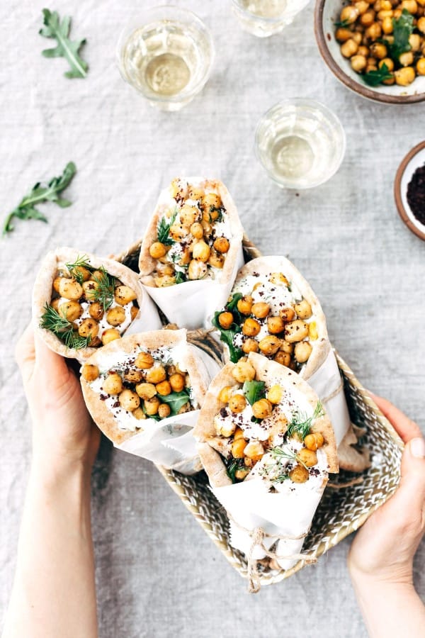 Pita wraps in a basket with cripsy chickpeas