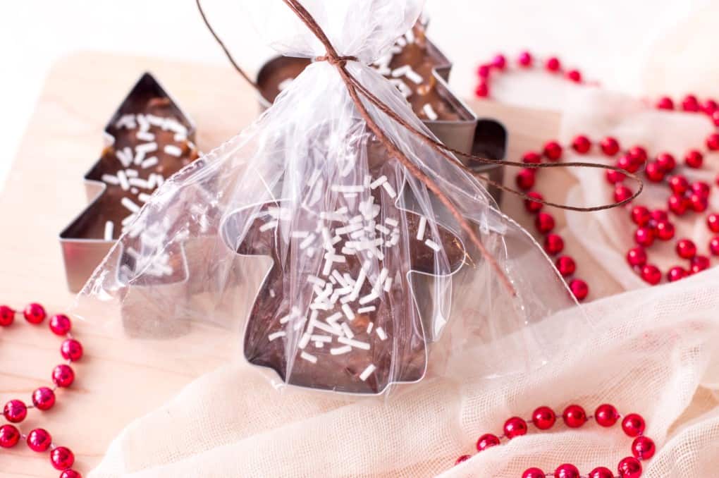 Cookie Cutter Christmas Fudge wrapped in cello. 