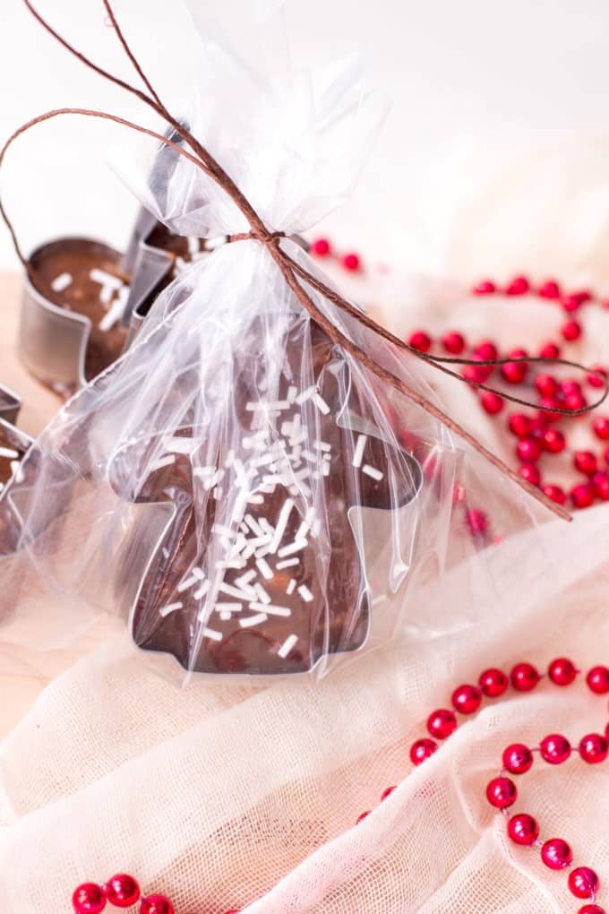 Cookie Cutter Christmas Fudge wrapped in cello standing up.