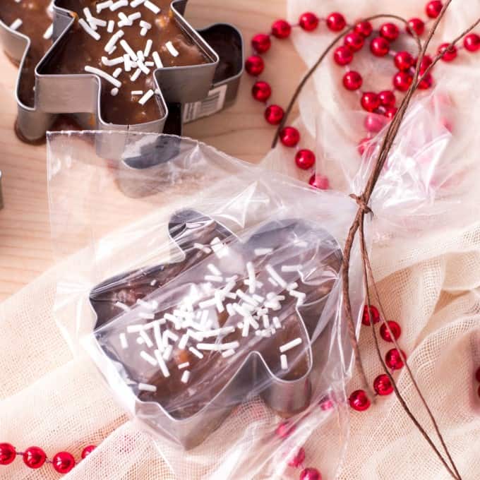 Cookie Cutter Christmas Fudge warpped in cello laying down.