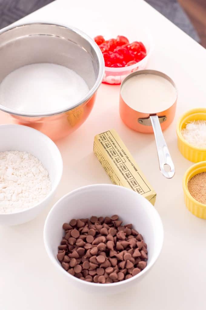 Fudge ingredients on a white cutting board.