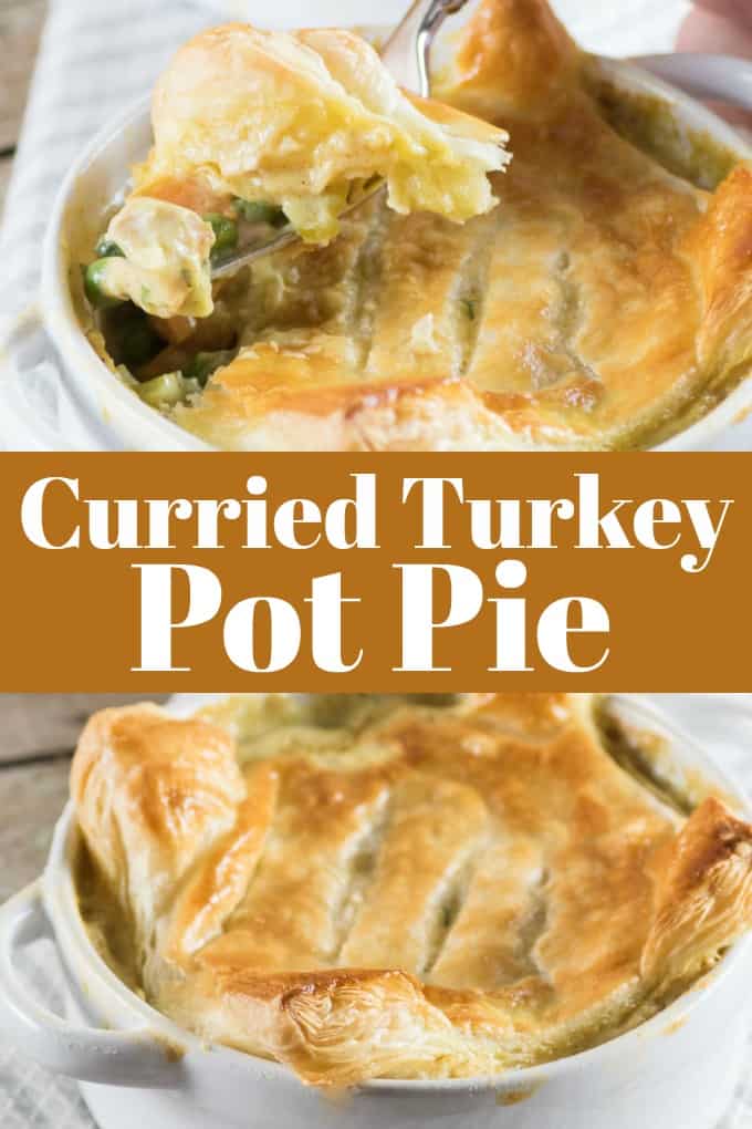 Curried Turkey Pot Pie is simple to make for a great weeknight meal. It takes under 30 minutes to pull together and uses up that leftover turkey! #leftoverturkey #turkey #potpie #WeekdaySuppers