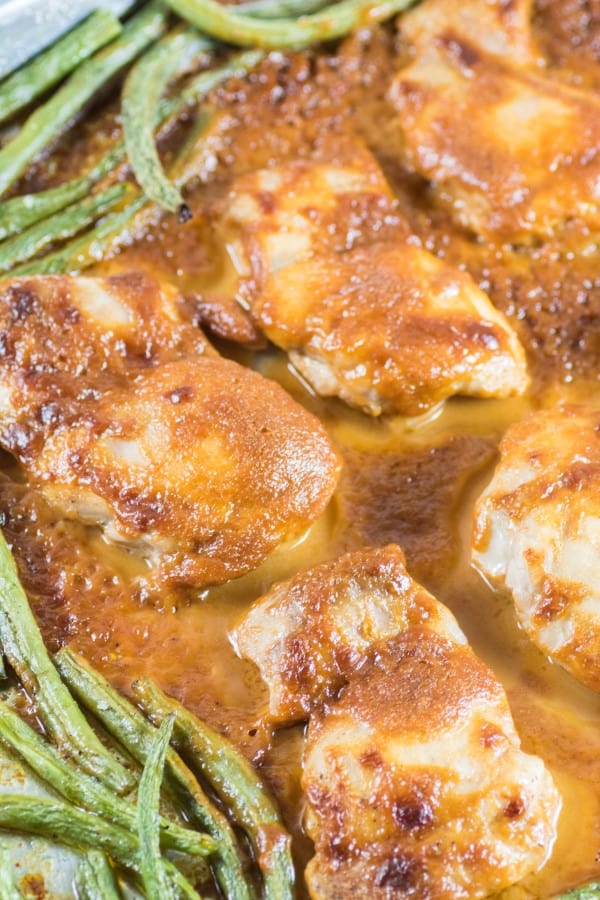 Cooked Chicken Thighs in Peanut Sauce with Green Beans