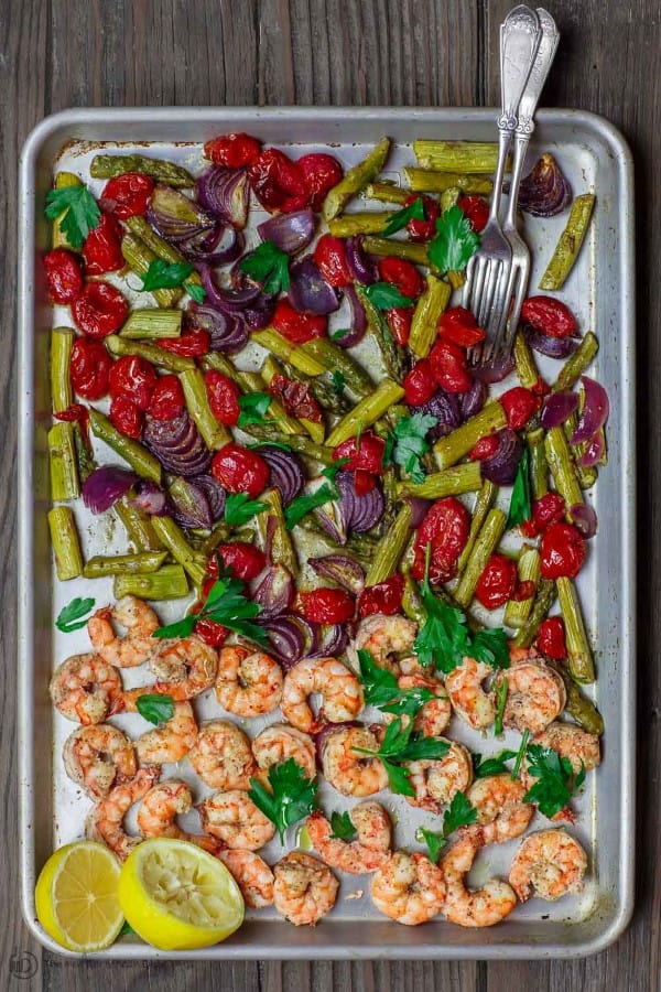 Shrimp and vegetables on a sheet pan