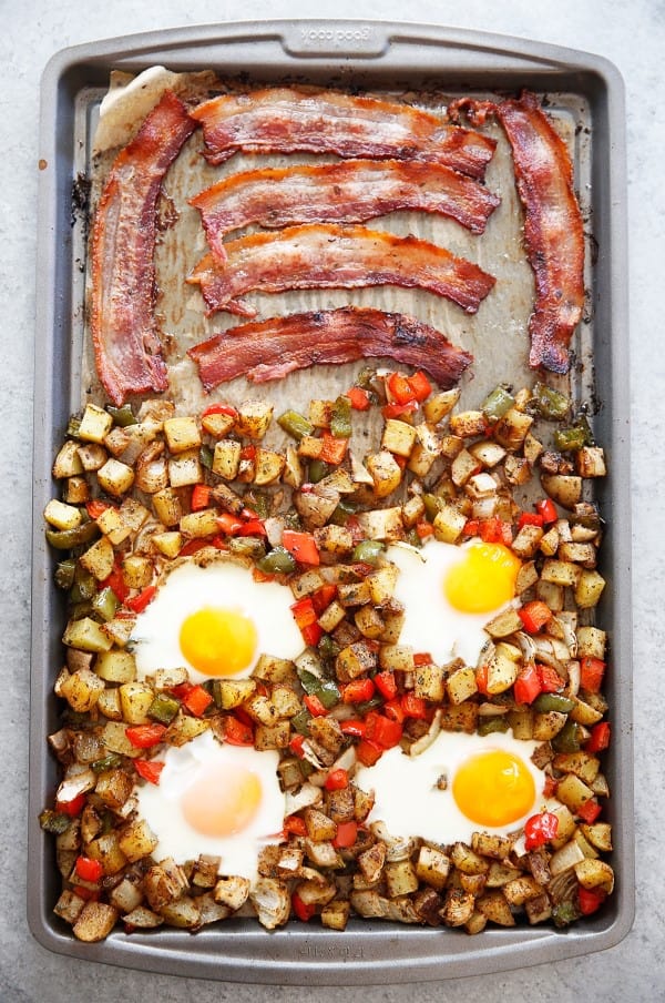 Bacon, hashbrowns and eggs on a sheet pan