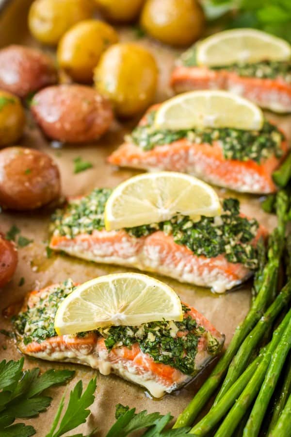 Salmon on a sheet pan with lemon and asparagus