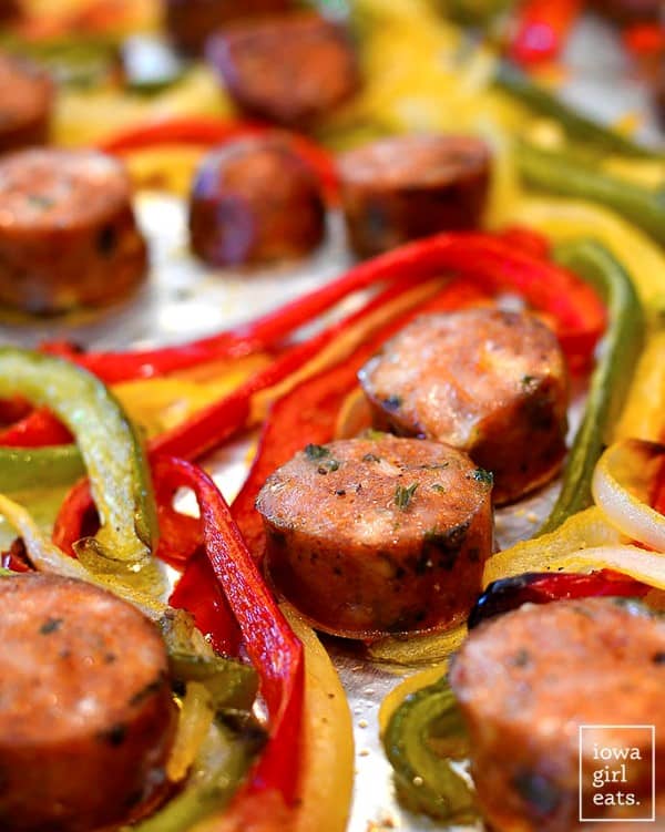 Sausage and peppers on a sheet pan