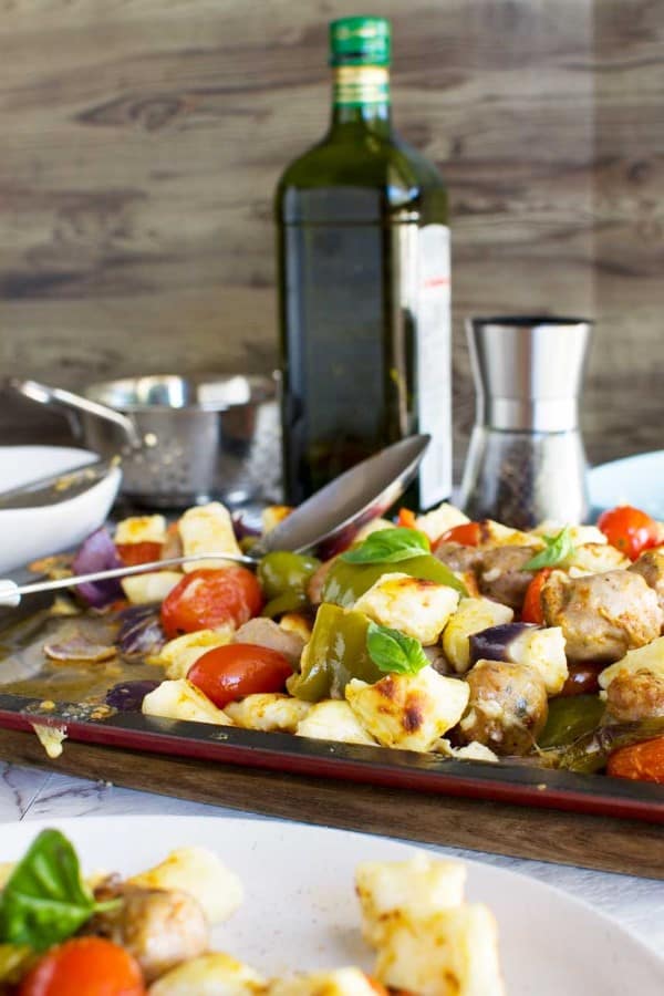 Roasted gnocchi and vegetables on a sheet pan